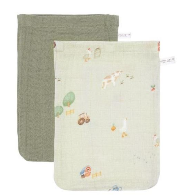 Gants de toilette Lot mousseline Little Farm / Olive